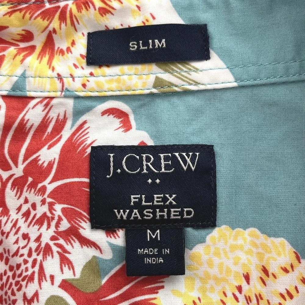 J. Crew Men Flex Washed Shirt M Blue Floral Slim Fit SS Stretch‎ Hawaiian Preppy